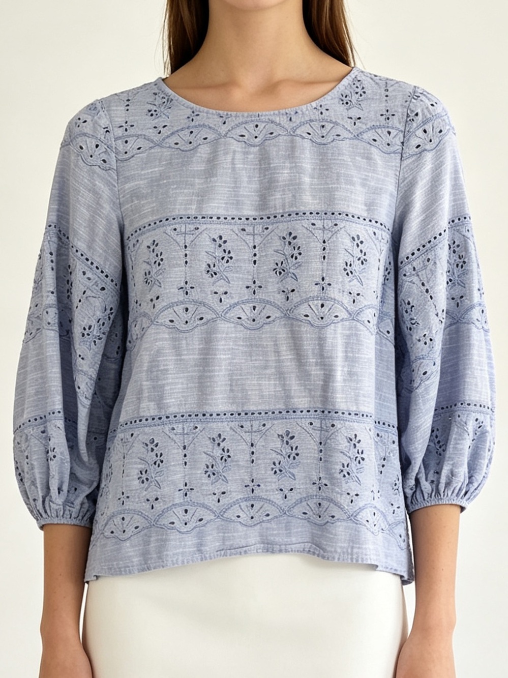 Talbots Womens Blue Embroidered Cotton Round Neck 3/4 Puff Sleeve Blouse Size S